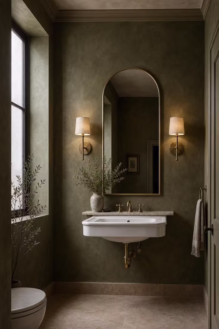 Wide view of a statement powder room with deep olive lime wash plaster walls, brass sconces flanking an arched mirror, and a wall-mounted porcelain sink.
