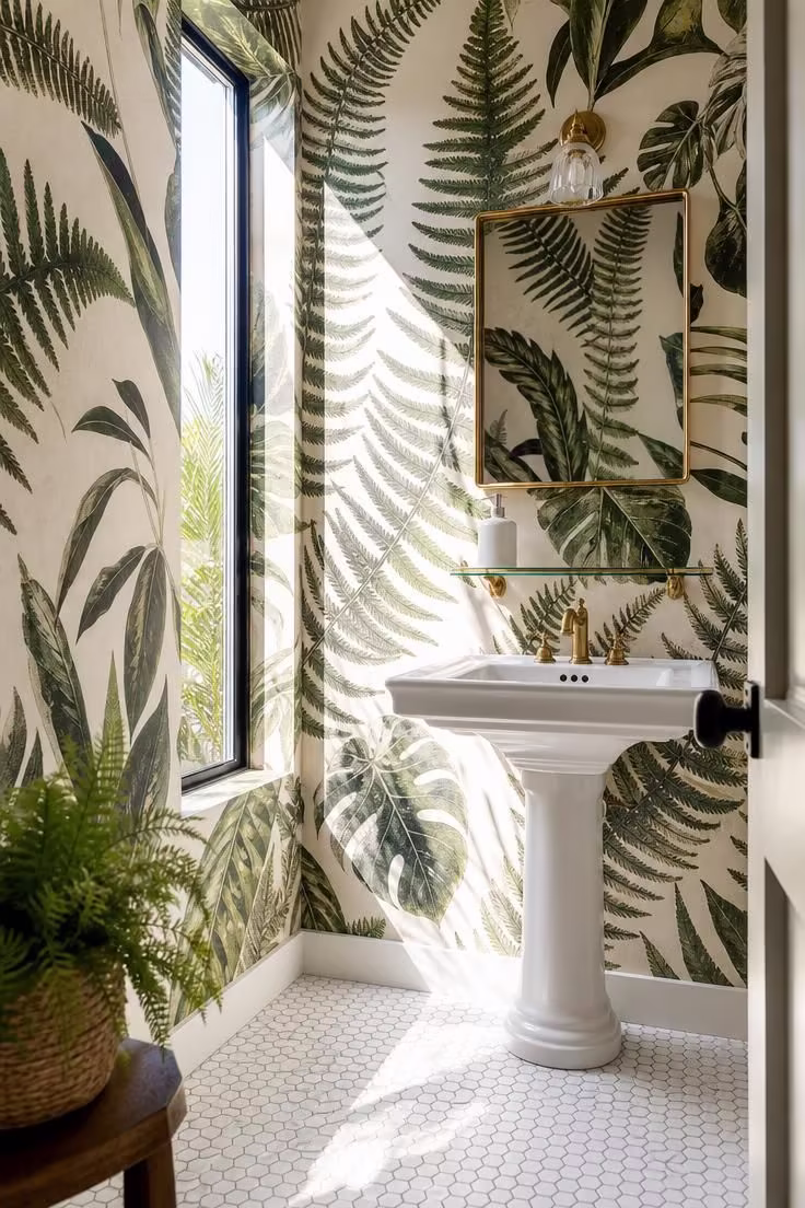 Bright statement powder room with oversized botanical wallpaper in green tones, a matte white pedestal sink, and midday light from a tall window.