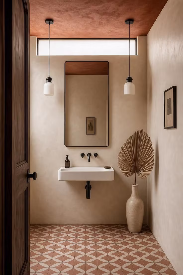 Eye-level view of a statement powder room with a rust Venetian plaster ceiling, geometric encaustic floor tile, ivory walls, and a wall-mounted white sink.
