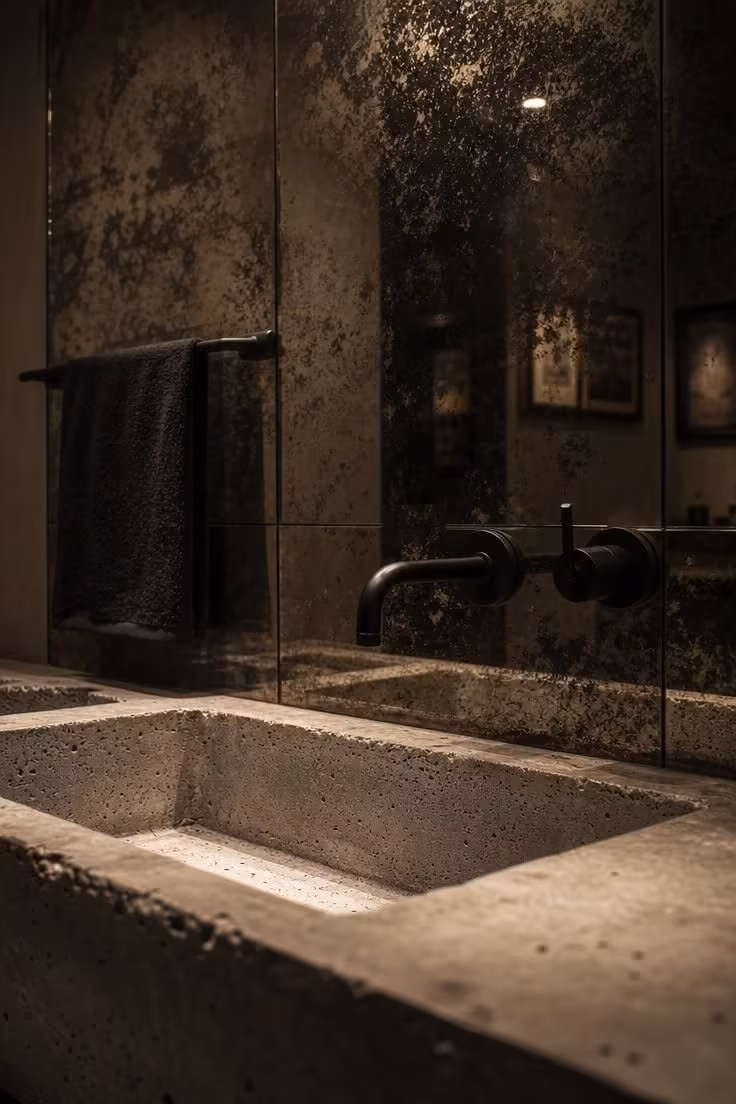 Close-up of a smoked mirror accent wall with antiqued glass panels and a raw concrete trough sink with a matte black wall-mount faucet in a moody statement powder room.