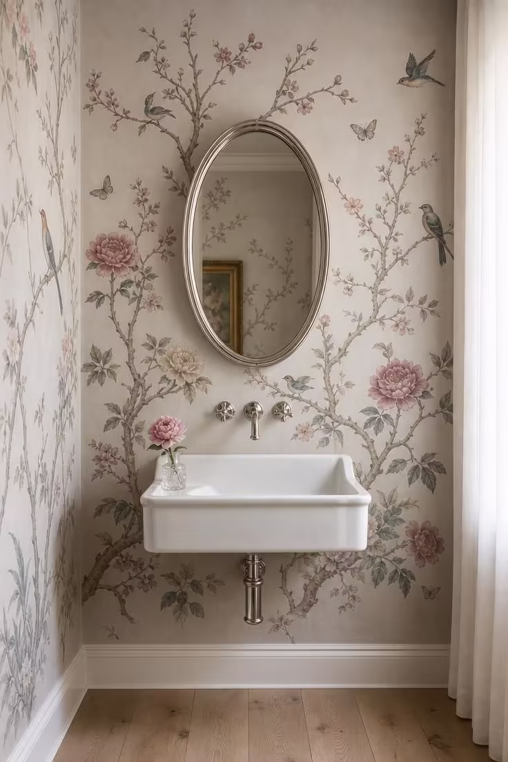 Wide view of a statement powder room with a hand-painted chinoiserie mural in muted rose and sage tones, polished nickel fixtures, and a white fireclay wall sink.