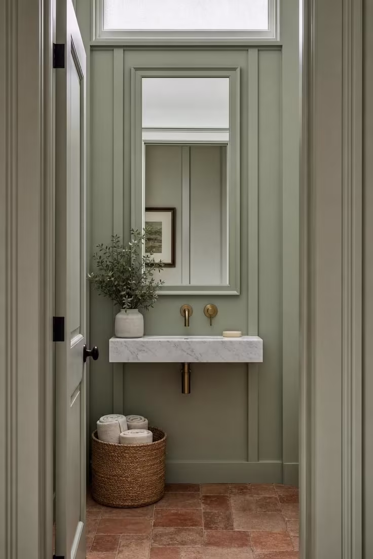 Doorway view into a sage green board and batten statement powder room with a marble shelf sink, aged brass tap, and reclaimed terracotta floor tile.