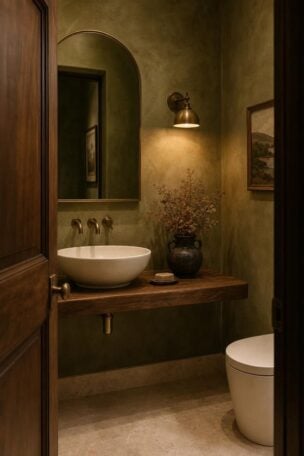 A collected statement powder room with olive lime wash walls, arched brass mirror, floating walnut vanity, and warm sconce lighting seen from the doorway.