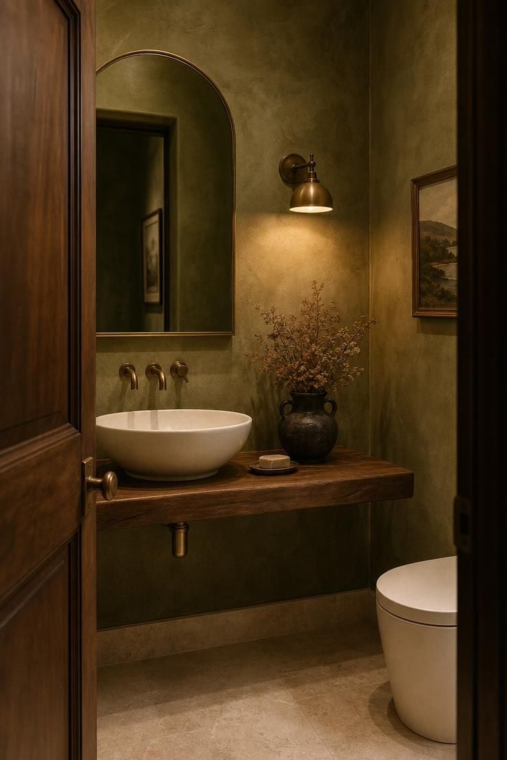 Simple Spaces 14 A collected statement powder room with olive lime wash walls, arched brass mirror, floating walnut vanity, and warm sconce lighting seen from the doorway.
