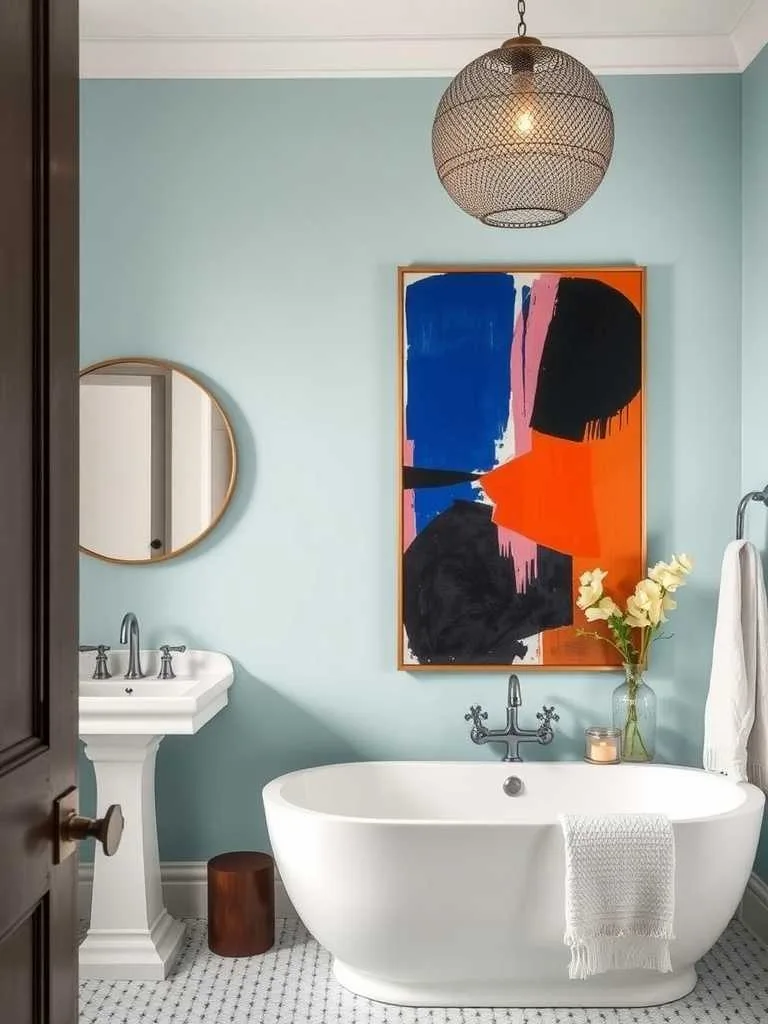 14 Light Blue Bathroom Ideas to Inspire Your Space 14 A modern light blue bathroom featuring bold black and white art pieces.