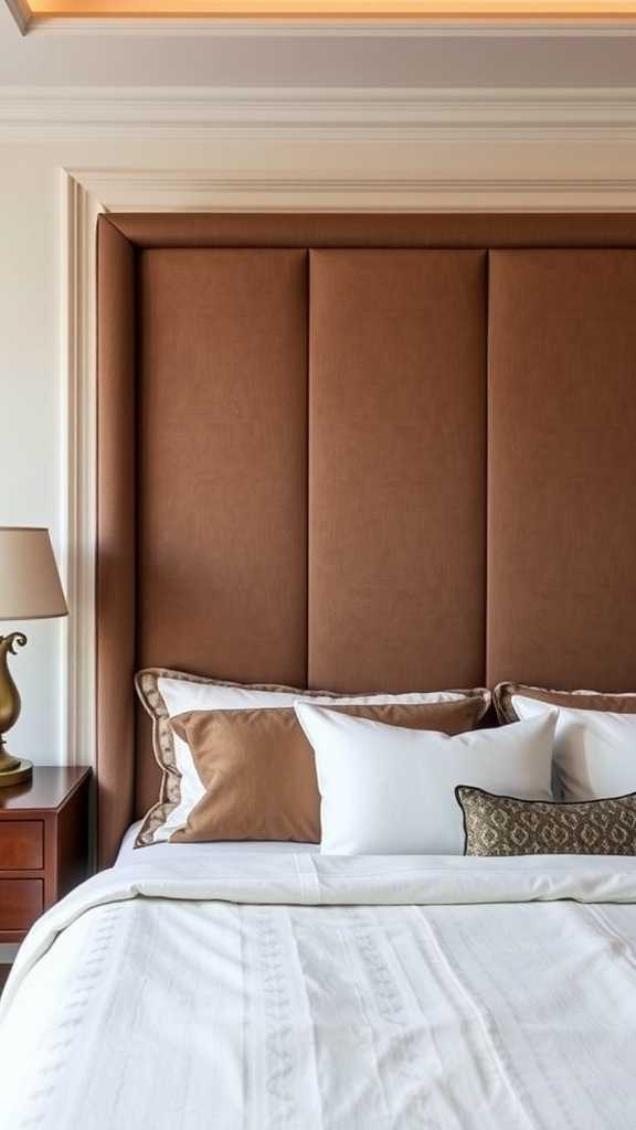 An elegant bedroom featuring a plush brown headboard with decorative pillows.