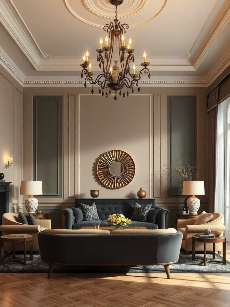 A modern luxury living room decor with statement lighting fixtures