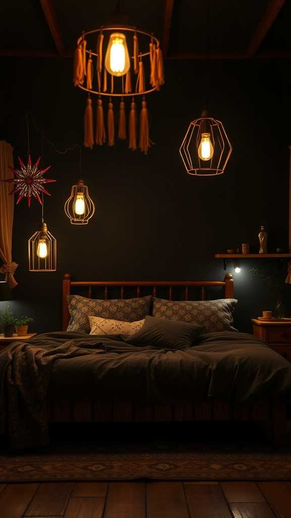 A dark boho bedroom with various statement lighting fixtures hanging from the ceiling.