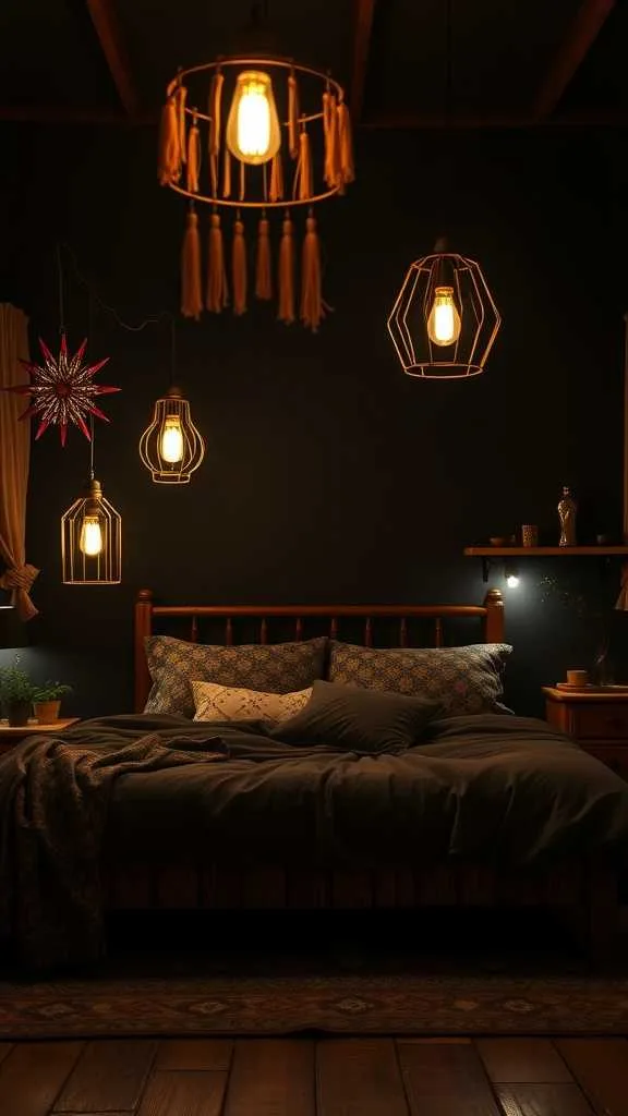 20 Unique Dark Boho Bedroom Ideas for a Bold Statement 6 A dark boho bedroom with various statement lighting fixtures hanging from the ceiling.
