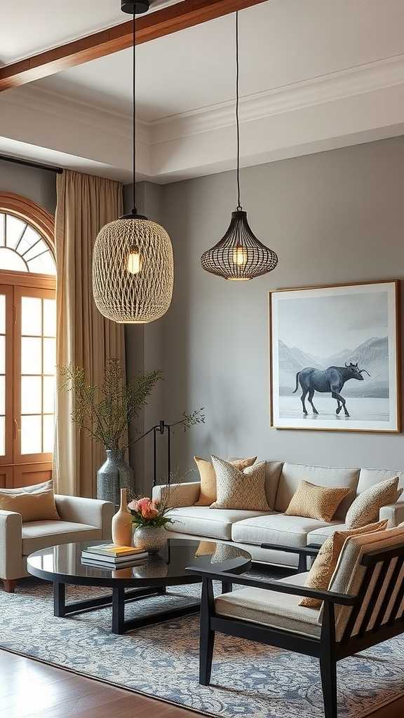 A stylish Japandi-inspired living room featuring statement lighting fixtures.