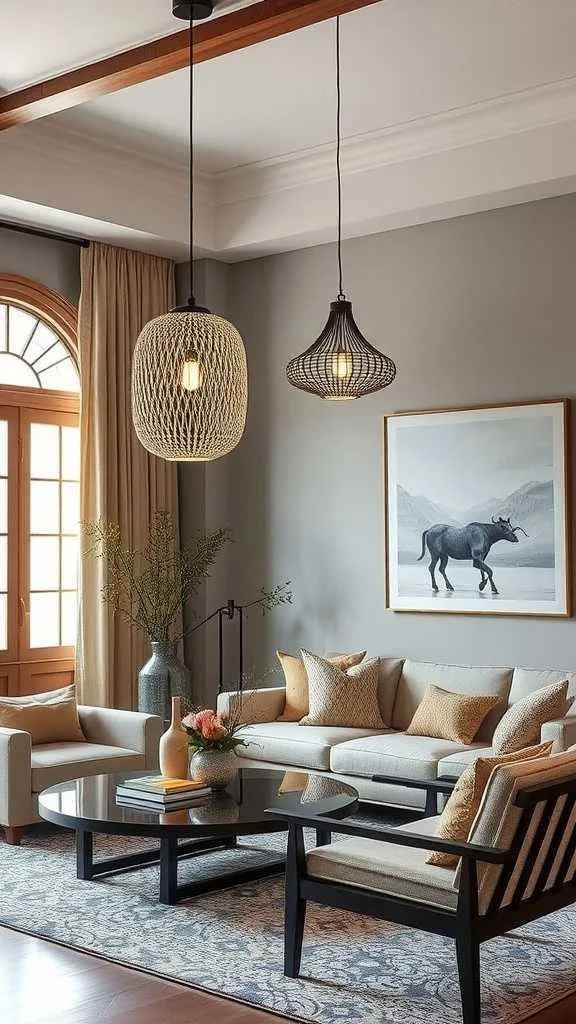 21 Japandi Living Room Design Ideas for a Cozy, Stylish Home 1 A stylish Japandi-inspired living room featuring statement lighting fixtures.