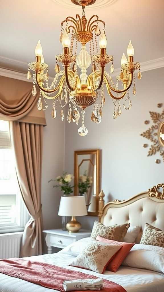 Elegant chandelier in a stylish bedroom, featuring a cozy bed and tasteful decor.