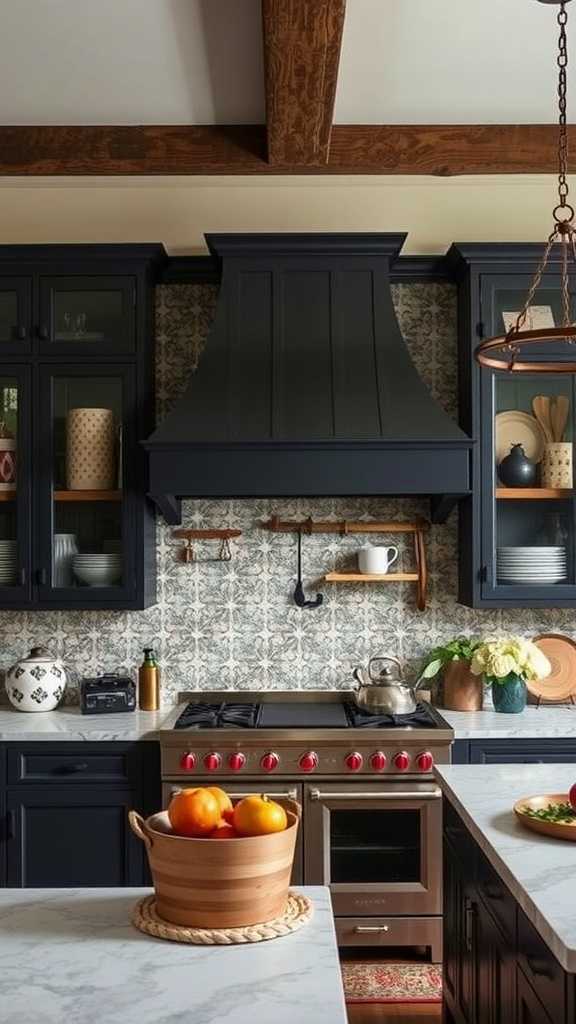 A stylish farmhouse kitchen with a brown range hood, shiplap wall, and decorative elements.