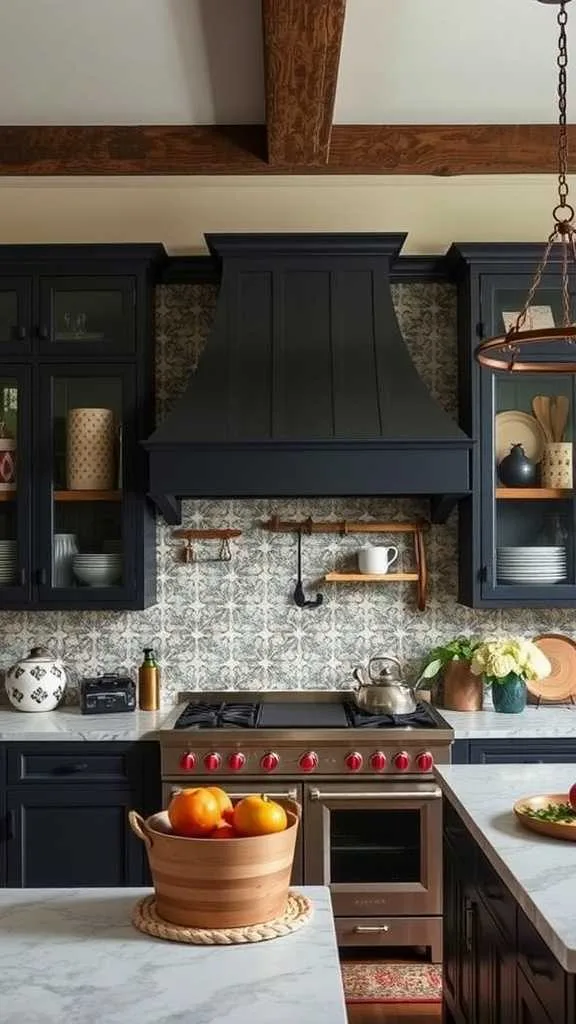 15 Moody Farmhouse Kitchen Ideas for a Cozy Atmosphere 8 A stylish farmhouse kitchen with a brown range hood, shiplap wall, and decorative elements.