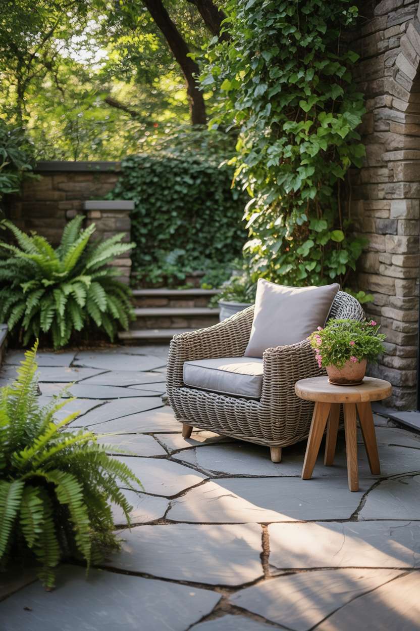 23 Inspiring Stone Patio Ideas for Backyard Beauty 1 Serene grey stone patio with irregular flagstones surrounded by lush ferns and climbing ivy, featuring a comfortable rattan chair and wooden side table