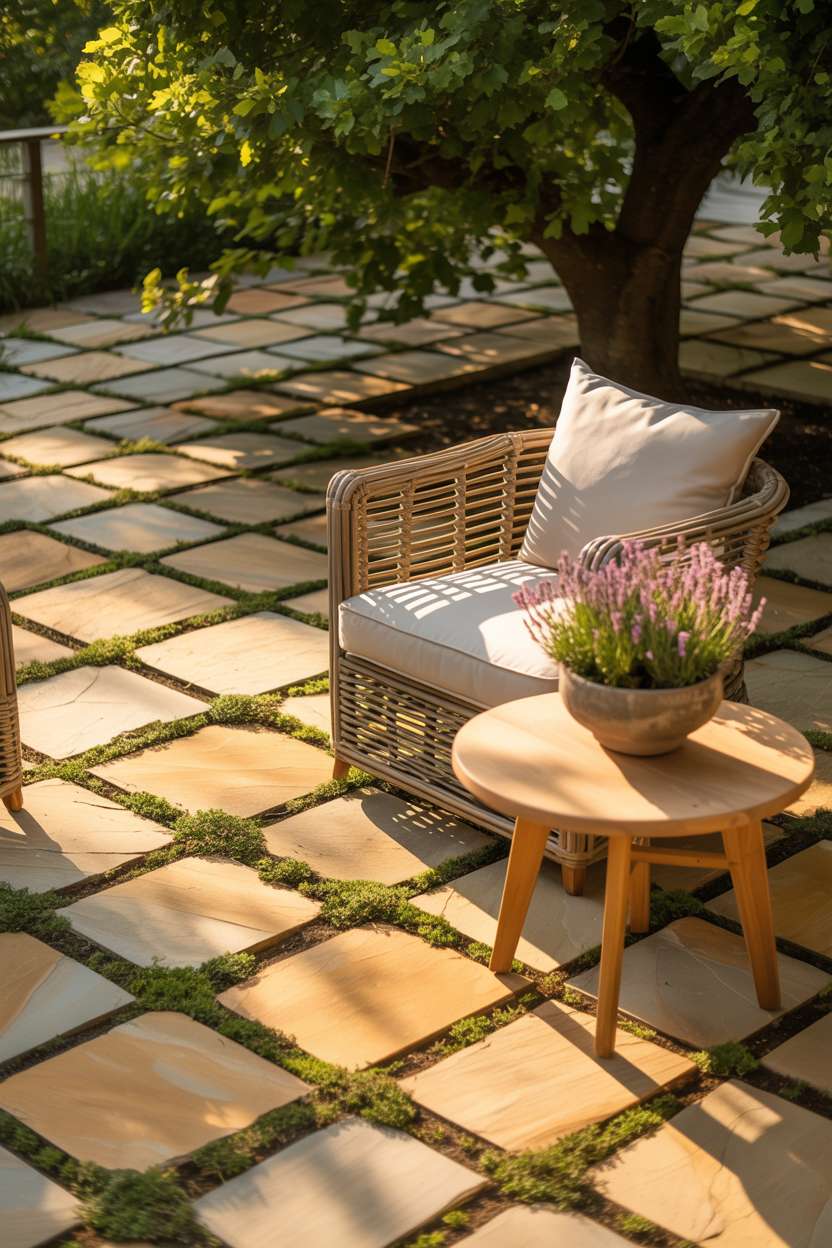23 Inspiring Stone Patio Ideas for Backyard Beauty 2 Warm-toned flagstone patio arranged in herringbone pattern with creeping thyme between stones, featuring rattan lounge chair and lavender planter