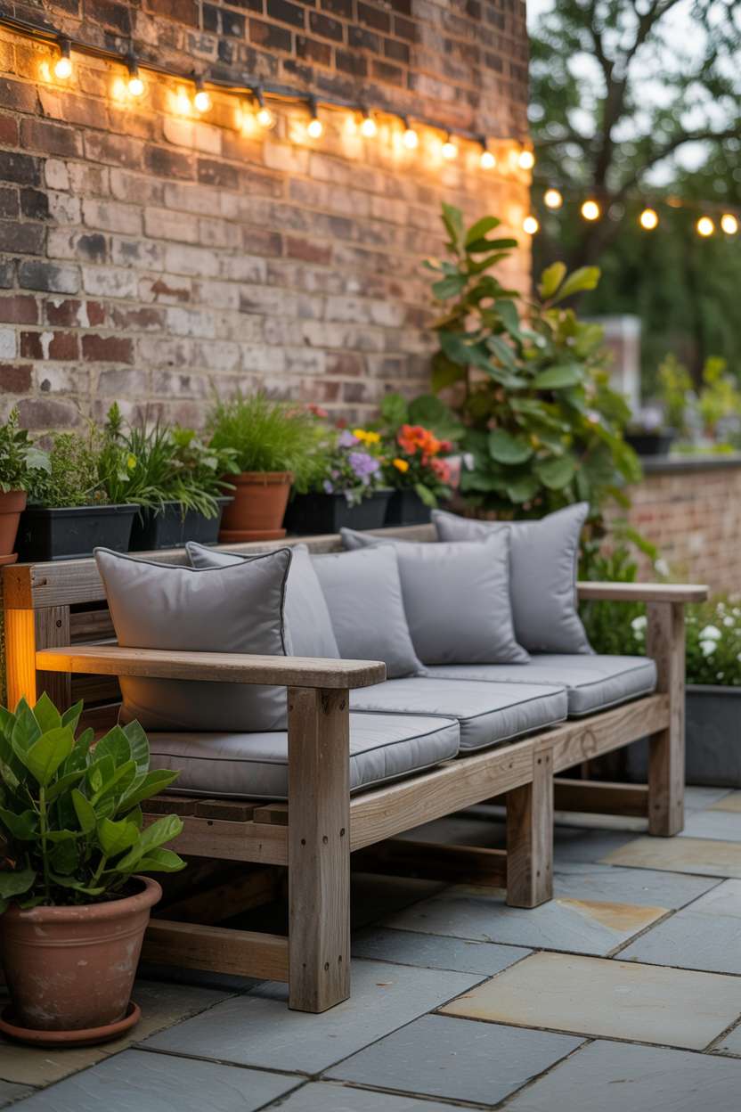 23 Inspiring Stone Patio Ideas for Backyard Beauty 3 Stone patio featuring reclaimed wood bench with gray cushions, surrounded by potted plants and string lights against weathered brick wall