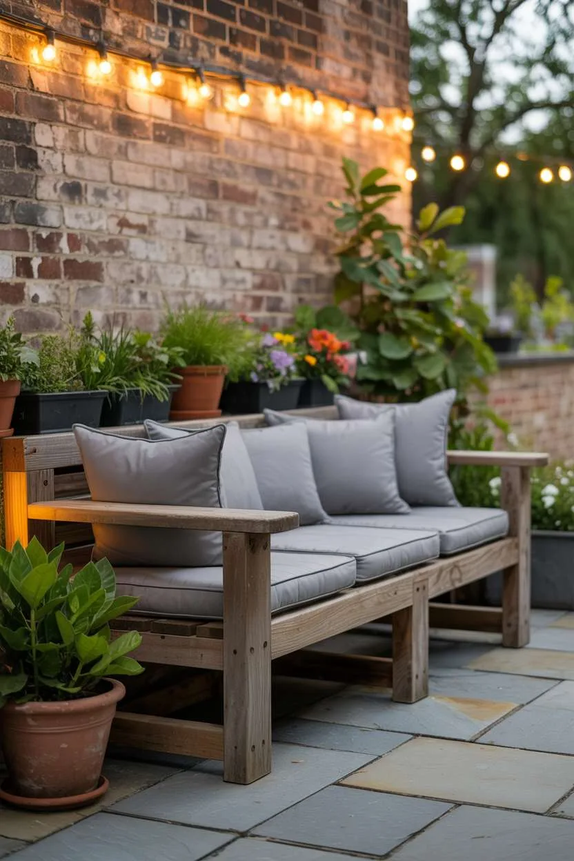 23 Inspiring Stone Patio Ideas for Backyard Beauty 3 Stone patio featuring reclaimed wood bench with gray cushions, surrounded by potted plants and string lights against weathered brick wall