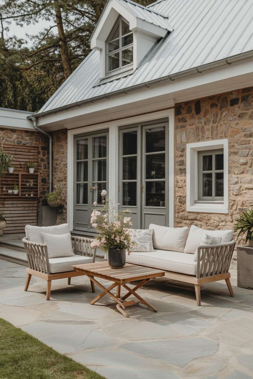 23 Inspiring Stone Patio Ideas for Backyard Beauty 4 Modern farmhouse patio with slate tiles, light gray outdoor furniture, and white metal roof stone house backdrop