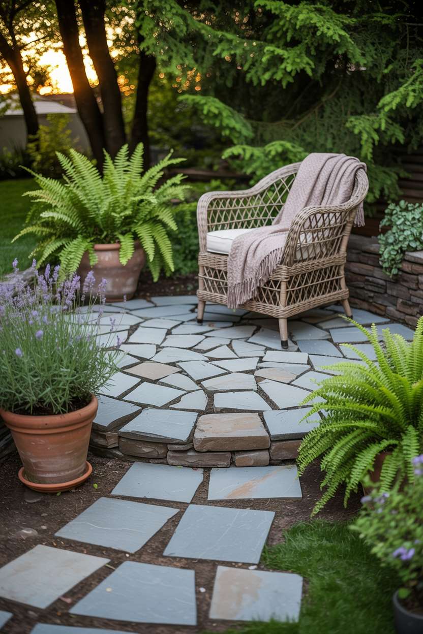 23 Inspiring Stone Patio Ideas for Backyard Beauty 5 Newly constructed stone patio with irregular grey stones in mosaic pattern, surrounded by vibrant ferns and lavender in terracotta pots
