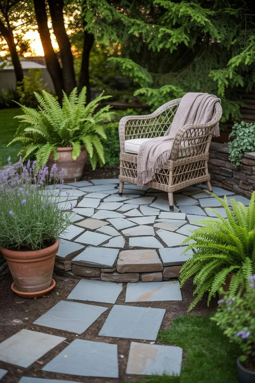 23 Inspiring Stone Patio Ideas for Backyard Beauty 5 Newly constructed stone patio with irregular grey stones in mosaic pattern, surrounded by vibrant ferns and lavender in terracotta pots