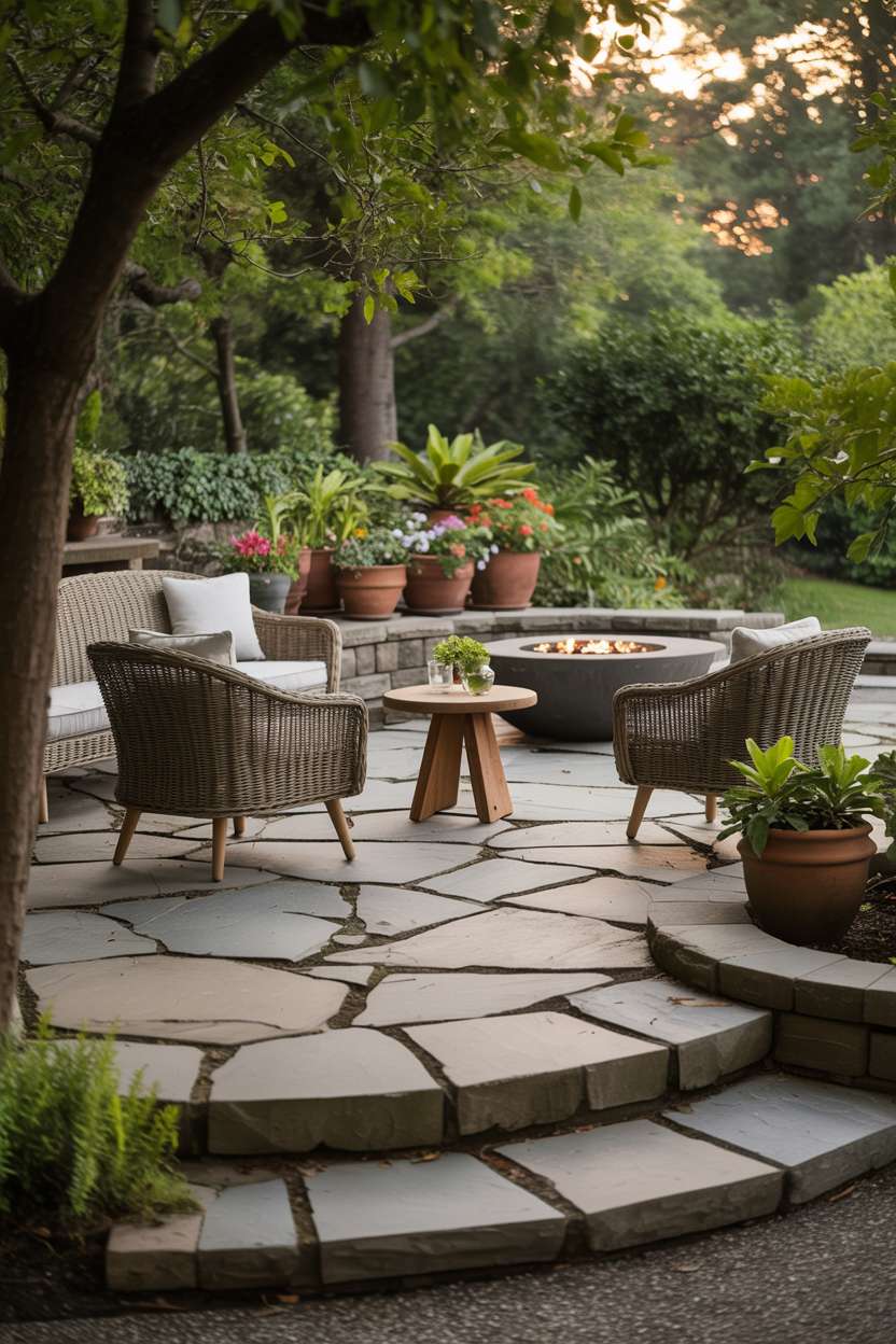 23 Inspiring Stone Patio Ideas for Backyard Beauty 6 Stone patio with large irregular gray stones, woven rattan armchairs, and subtle modern fire pit at the edge