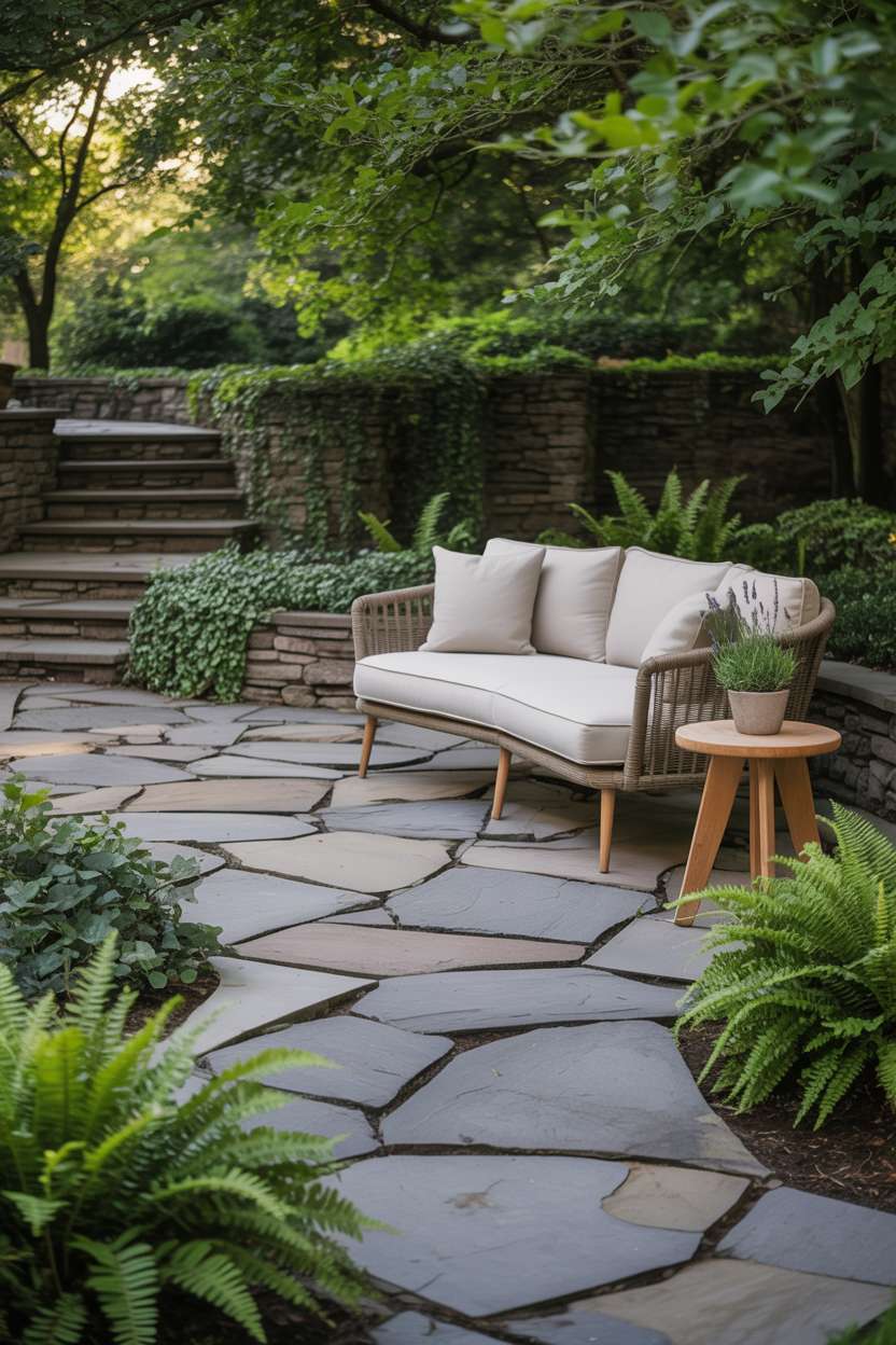 23 Inspiring Stone Patio Ideas for Backyard Beauty 7 Stone patio with large irregular grey stones in flowing pattern, surrounded by ferns and ivy, featuring cream-colored outdoor sofa