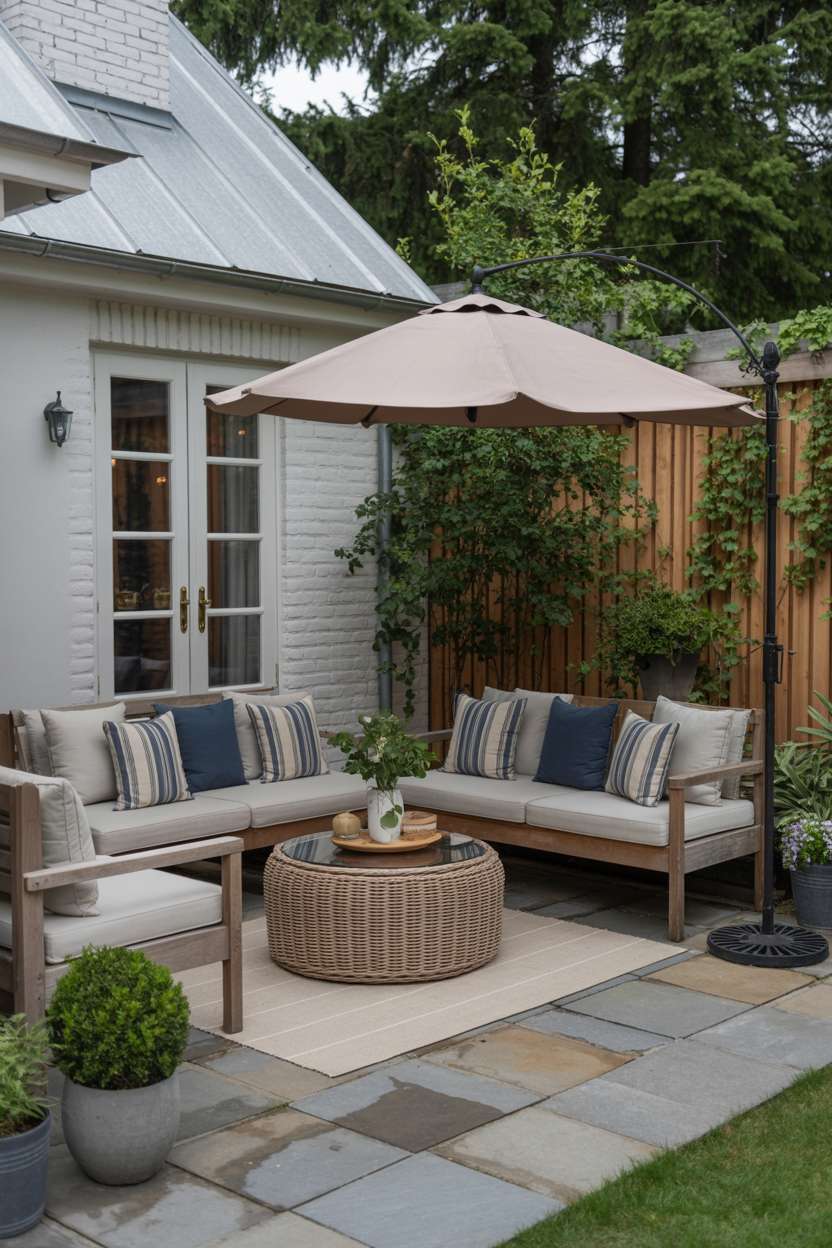 23 Inspiring Stone Patio Ideas for Backyard Beauty 8 Modern outdoor patio with large slate-colored stone tiles, L-shaped gray cushioned furniture, and beige wicker coffee table under offset umbrella