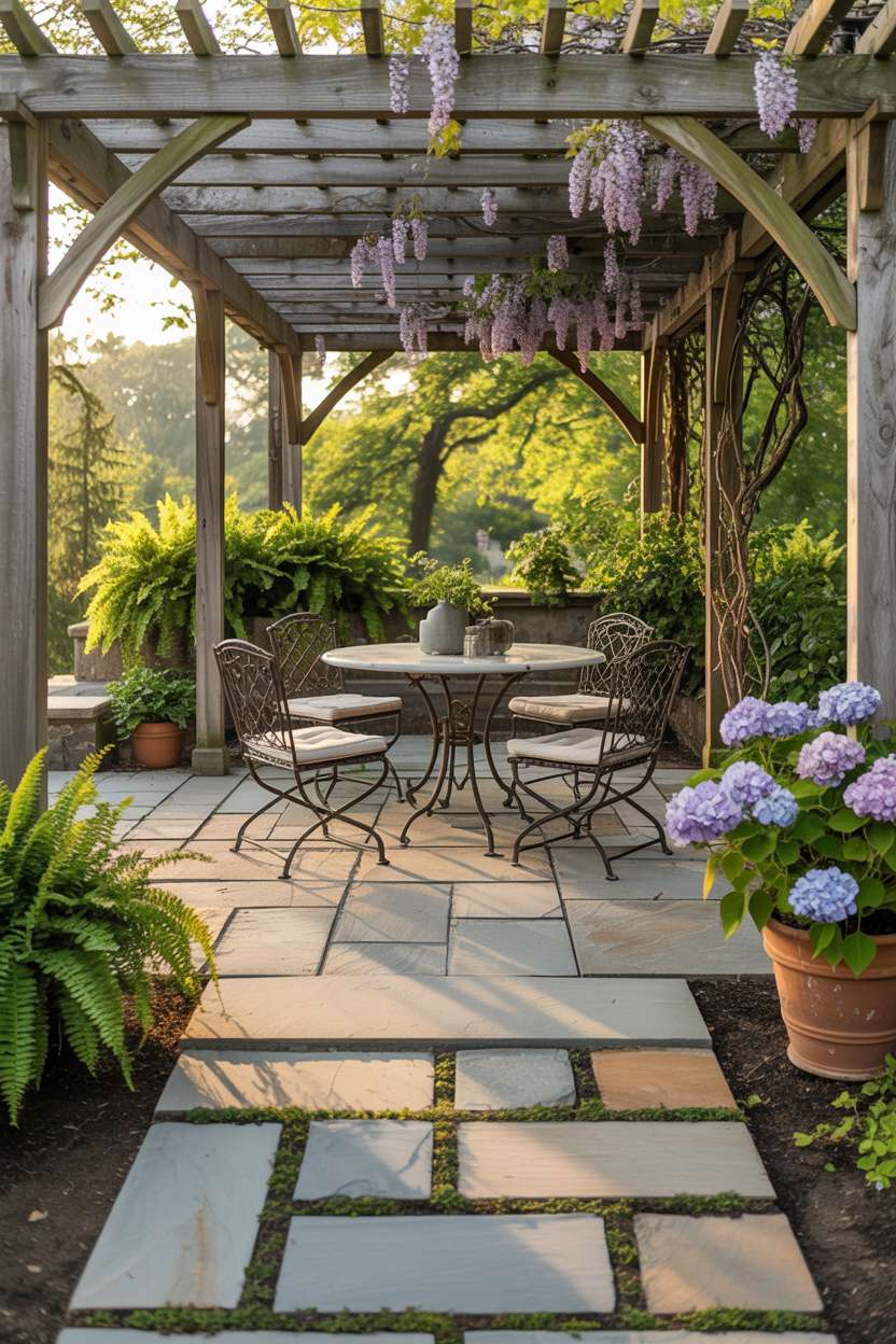 23 Inspiring Stone Patio Ideas for Backyard Beauty 9 Flagstone patio in herringbone pattern with wooden pergola, climbing wisteria, and wrought iron bistro set with marble tabletop