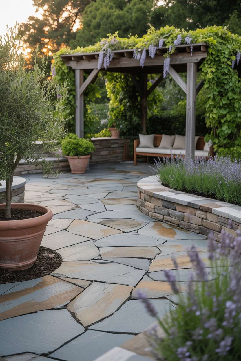 23 Inspiring Stone Patio Ideas for Backyard Beauty 10 Backyard stone patio with warm gray flagstones in organic pattern, wooden pergola with climbing wisteria, and potted olive trees