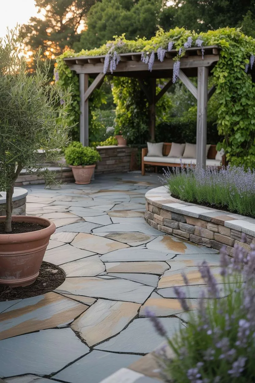 23 Inspiring Stone Patio Ideas for Backyard Beauty 10 Backyard stone patio with warm gray flagstones in organic pattern, wooden pergola with climbing wisteria, and potted olive trees