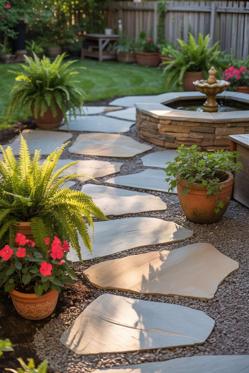 23 Inspiring Stone Patio Ideas for Backyard Beauty 11 Stone patio with flagstones in gray and beige, featuring stone fountain with gurgling water, surrounded by ferns and red impatiens