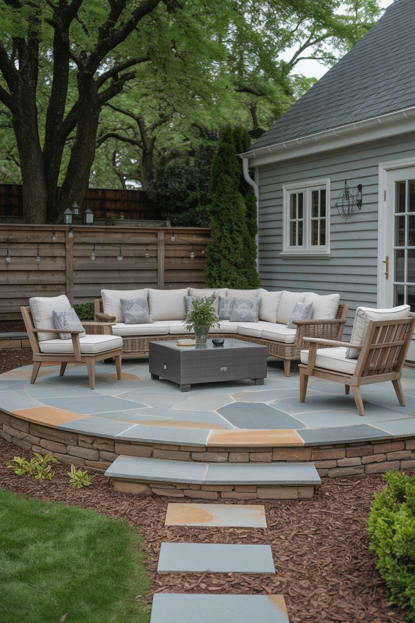 23 Inspiring Stone Patio Ideas for Backyard Beauty 12 Circular bluestone patio with curved L-shaped sectional sofa, elevated on stone steps with mulched landscaping