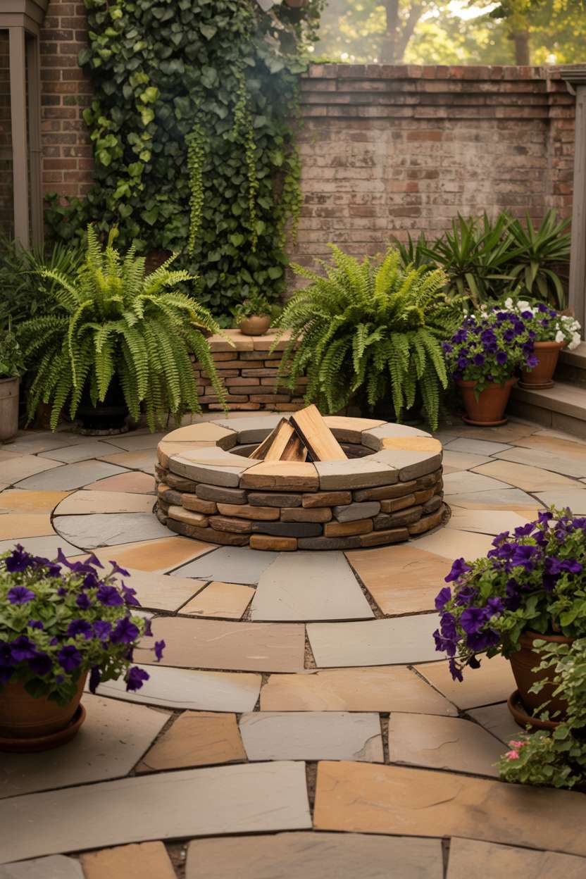 23 Inspiring Stone Patio Ideas for Backyard Beauty 13 Stone patio with warm-toned flagstone in circular pattern around custom river rock fire pit, surrounded by ferns and purple petunias
