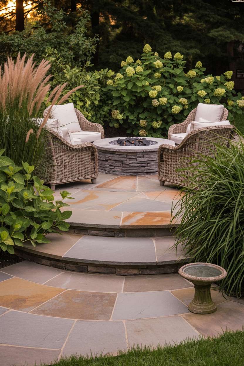 23 Inspiring Stone Patio Ideas for Backyard Beauty 14 Stone patio with warm-toned flagstone in circular pattern, modern gray stone fire pit, and wicker chairs surrounded by ornamental grasses