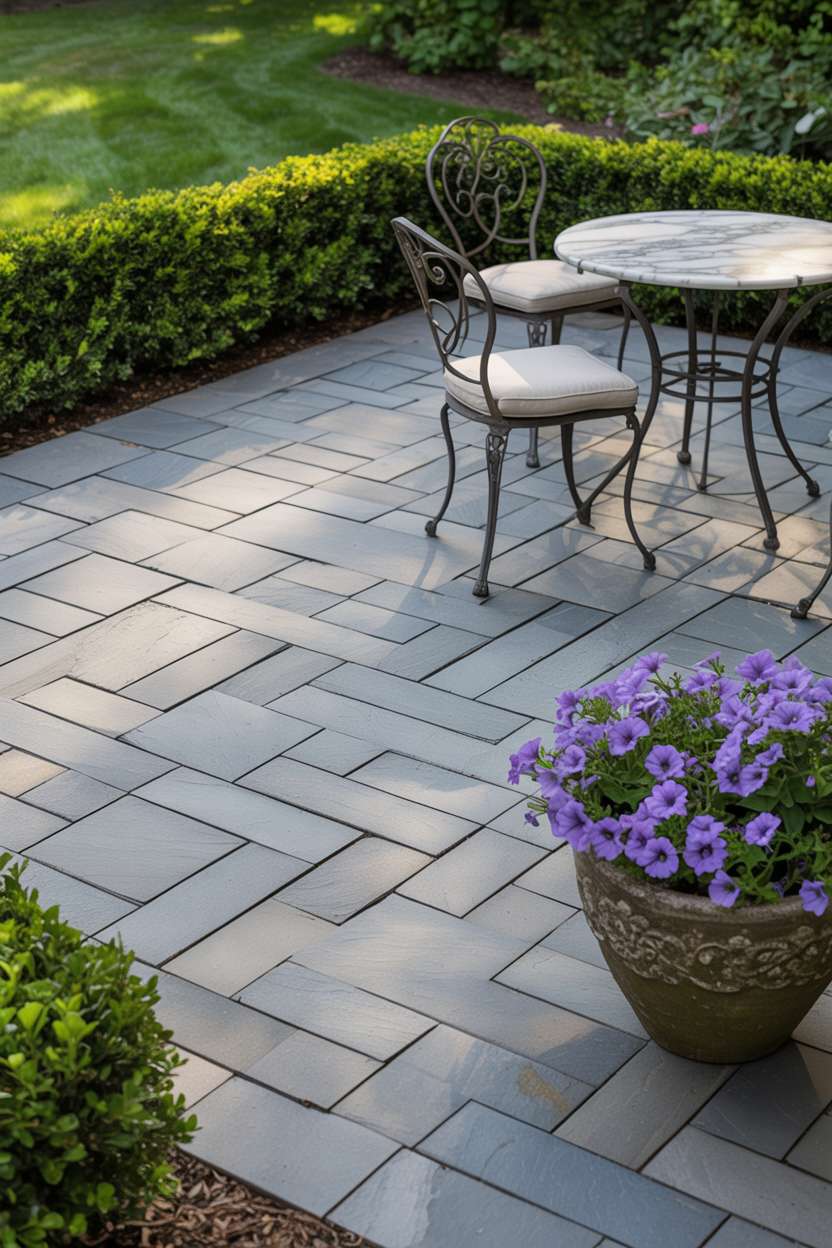 23 Inspiring Stone Patio Ideas for Backyard Beauty 15 Stone patio with rectangular gray flagstones in herringbone pattern, wrought iron bistro set with marble table, and boxwood hedge border