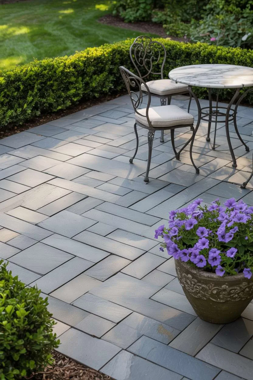 23 Inspiring Stone Patio Ideas for Backyard Beauty 15 Stone patio with rectangular gray flagstones in herringbone pattern, wrought iron bistro set with marble table, and boxwood hedge border