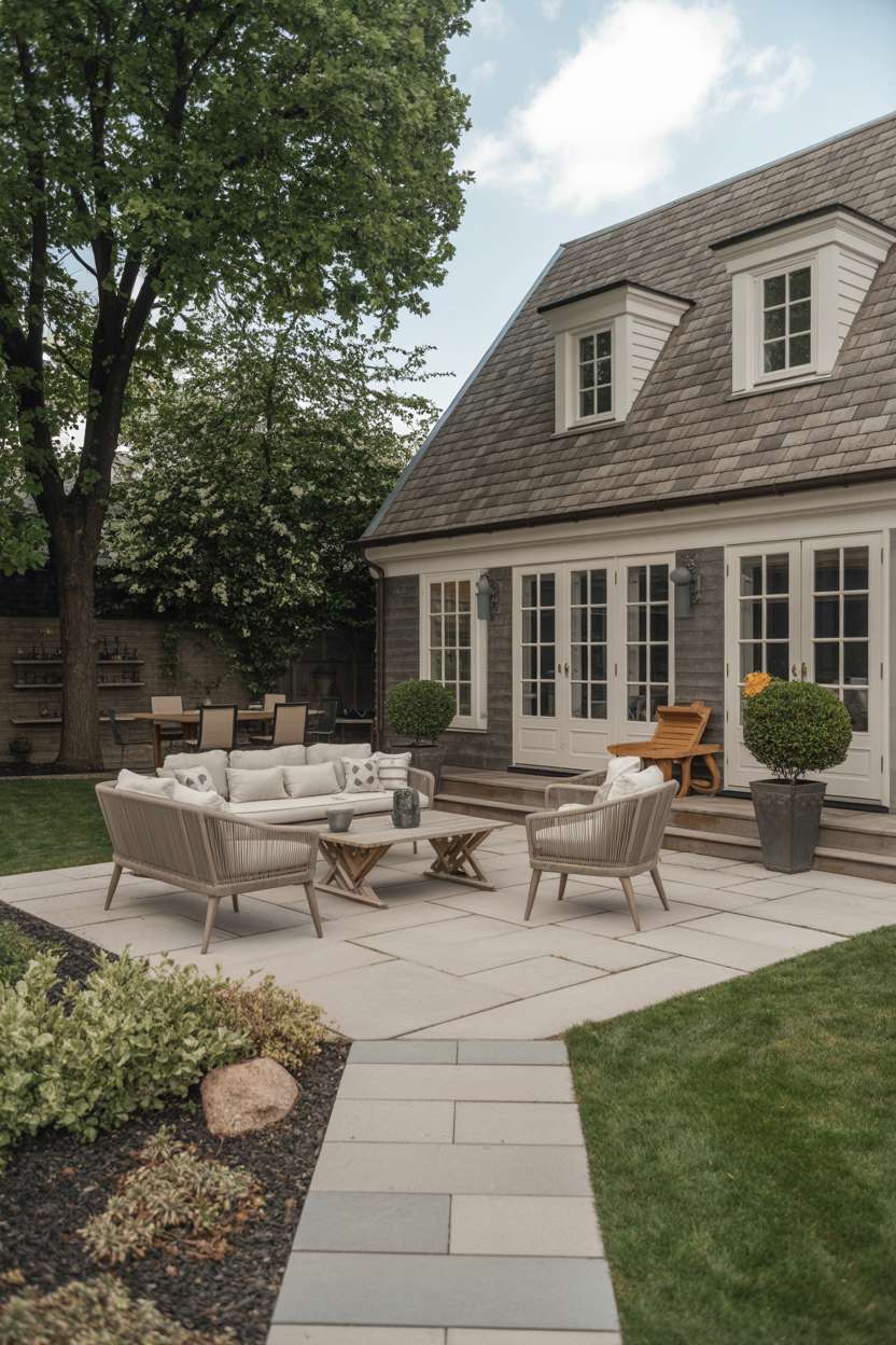 23 Inspiring Stone Patio Ideas for Backyard Beauty 16 High-end patio with light gray irregular stone paving, modern lounge chairs, and gray-shingled house with white trim