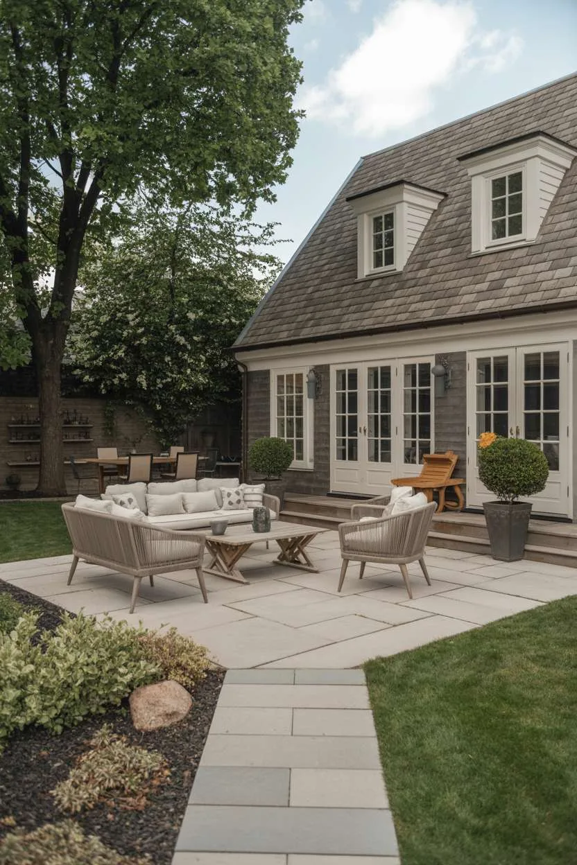 23 Inspiring Stone Patio Ideas for Backyard Beauty 16 High-end patio with light gray irregular stone paving, modern lounge chairs, and gray-shingled house with white trim