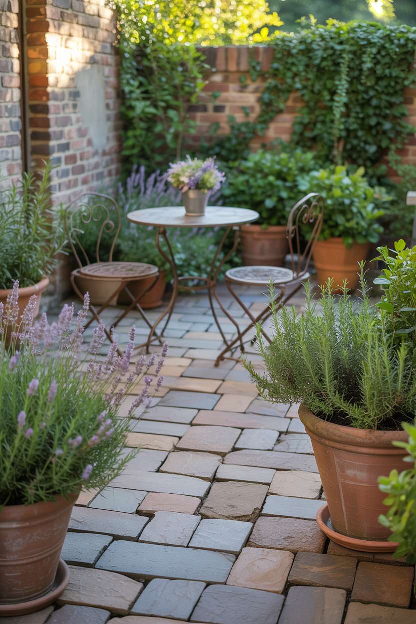 23 Inspiring Stone Patio Ideas for Backyard Beauty 17 Small stone patio with warm-toned grey flagstones in herringbone pattern, wrought iron bistro set, surrounded by lavender and rosemary