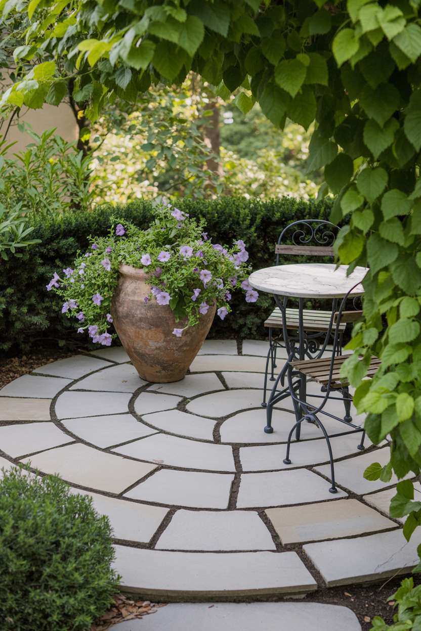 23 Inspiring Stone Patio Ideas for Backyard Beauty 18 Small circular stone patio with light gray irregular flagstones, wrought iron bistro set, and cascading petunias in terracotta pot