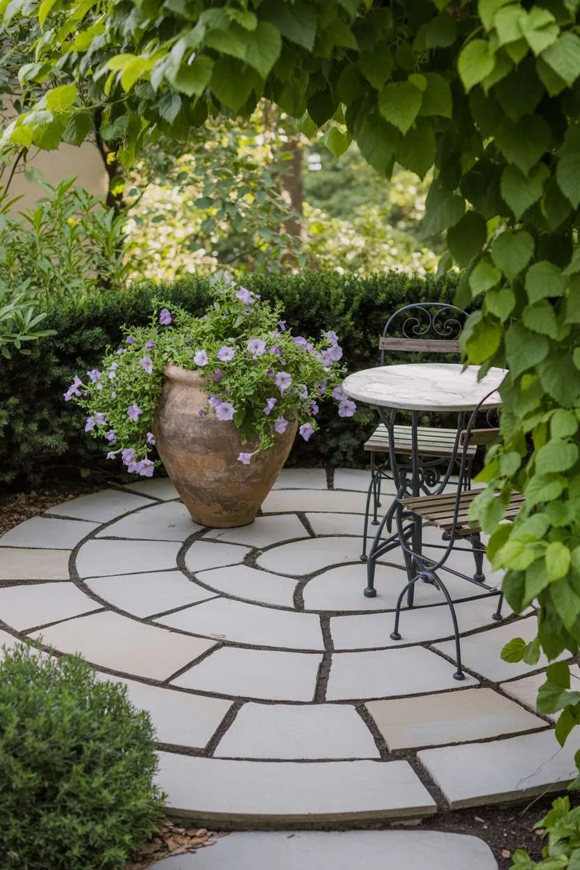 23 Inspiring Stone Patio Ideas for Backyard Beauty 18 Small circular stone patio with light gray irregular flagstones, wrought iron bistro set, and cascading petunias in terracotta pot
