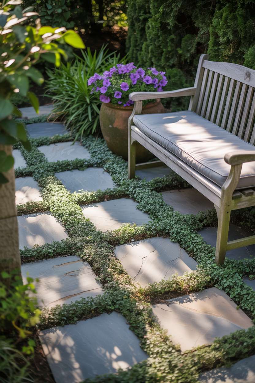23 Inspiring Stone Patio Ideas for Backyard Beauty 19 Small stone patio with grey irregular flagstones and creeping thyme, featuring weathered wooden bench with cushion and purple petunias