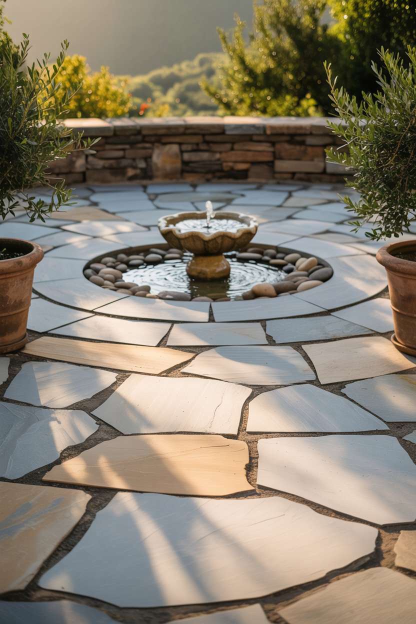 23 Inspiring Stone Patio Ideas for Backyard Beauty 20 Stone patio with irregular flagstones in organic pattern, small weathered stone fountain with river rocks, and flanking potted olive trees