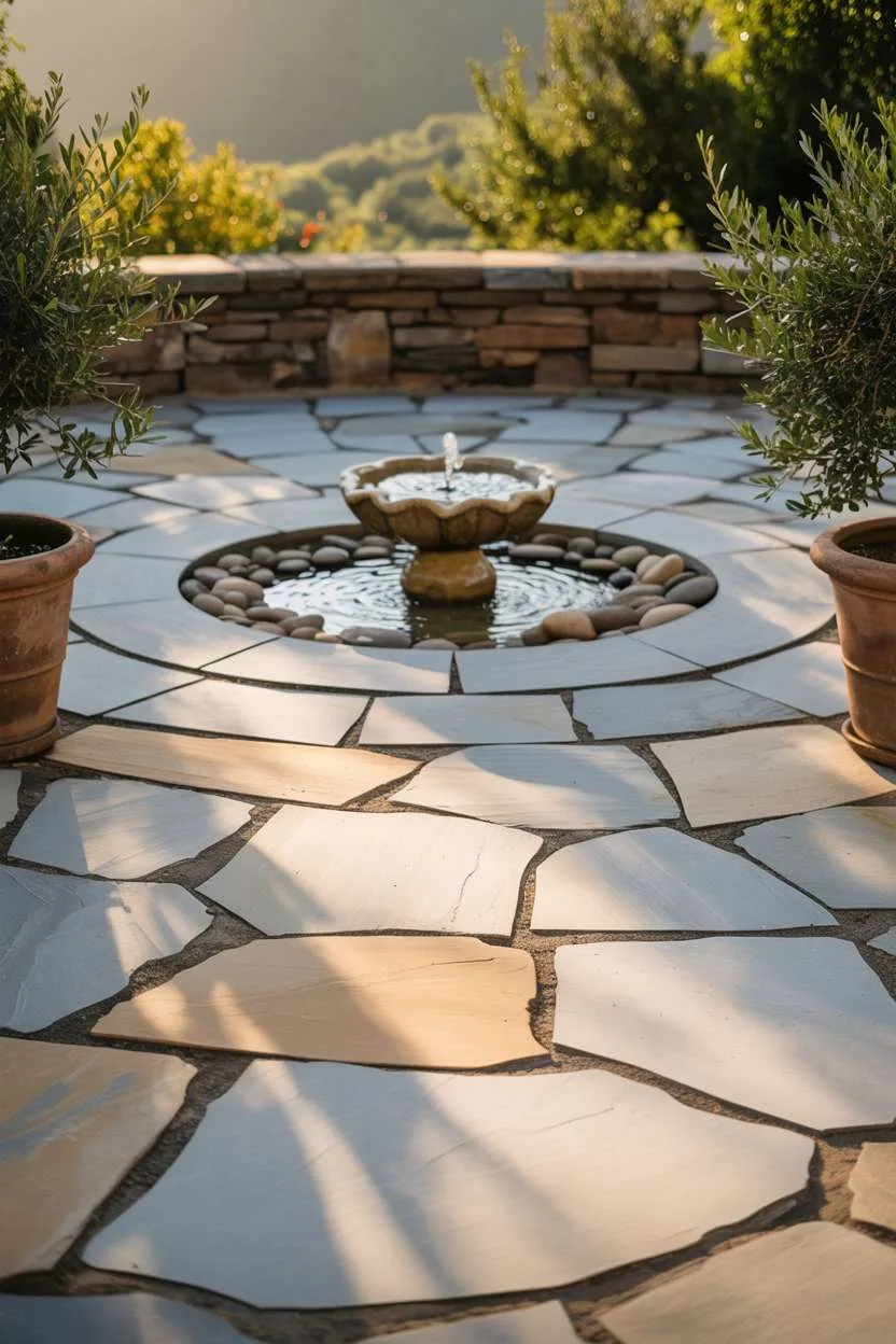 23 Inspiring Stone Patio Ideas for Backyard Beauty 20 Stone patio with irregular flagstones in organic pattern, small weathered stone fountain with river rocks, and flanking potted olive trees