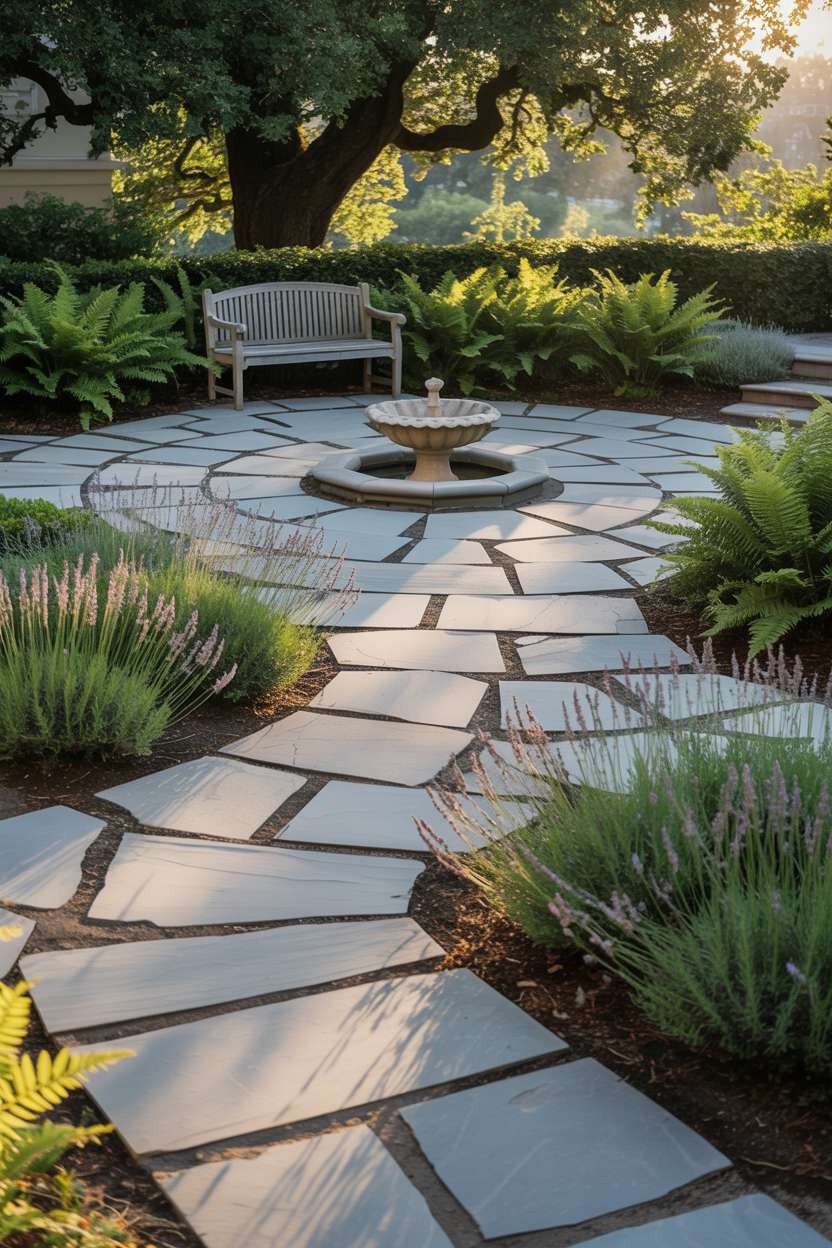 23 Inspiring Stone Patio Ideas for Backyard Beauty 21 Stone patio with irregular grey flagstones in flowing pattern, central stone fountain, weathered wooden bench, and ancient oak tree shade