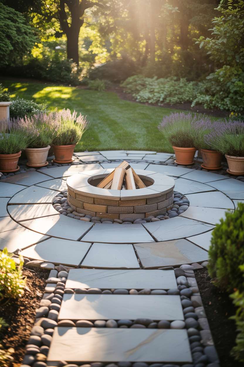 23 Inspiring Stone Patio Ideas for Backyard Beauty 22 Stone patio with irregular grey flagstones and circular central fire pit, bordered by dark river rocks and surrounded by potted lavender
