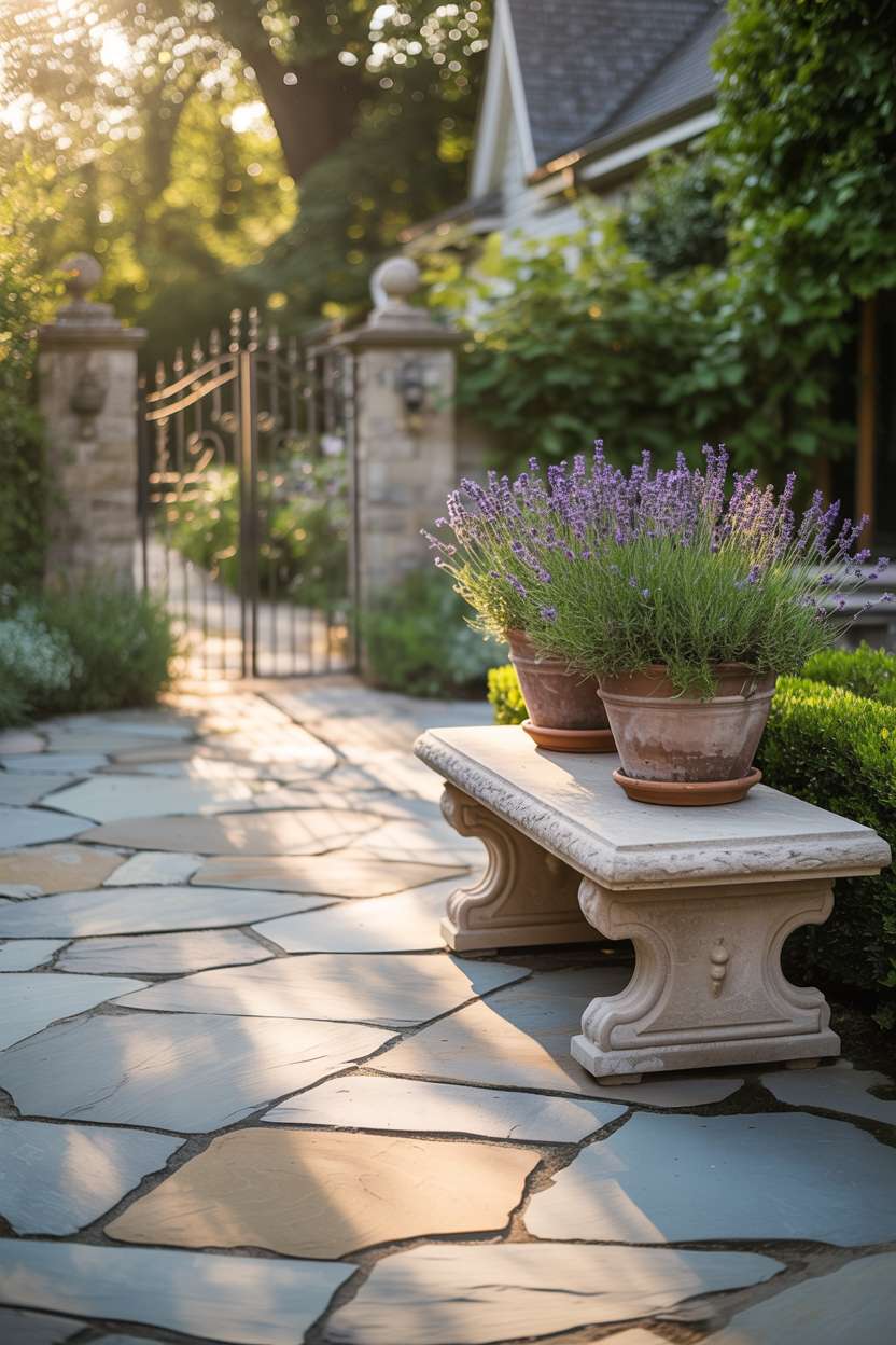 23 Inspiring Stone Patio Ideas for Backyard Beauty 23 Stone patio with irregular flagstones in organic pattern, elegant stone bench with terracotta pots of purple lavender, and wrought-iron gate view