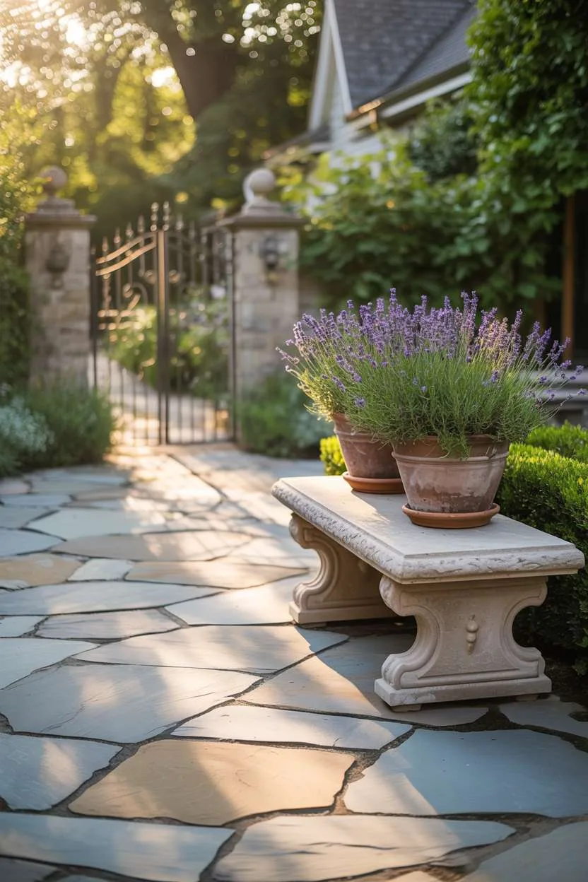 23 Inspiring Stone Patio Ideas for Backyard Beauty 23 Stone patio with irregular flagstones in organic pattern, elegant stone bench with terracotta pots of purple lavender, and wrought-iron gate view