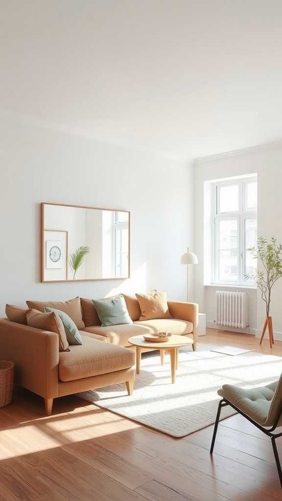 A spacious minimalist modern living room featuring a sofa, a coffee table, and a large mirror.